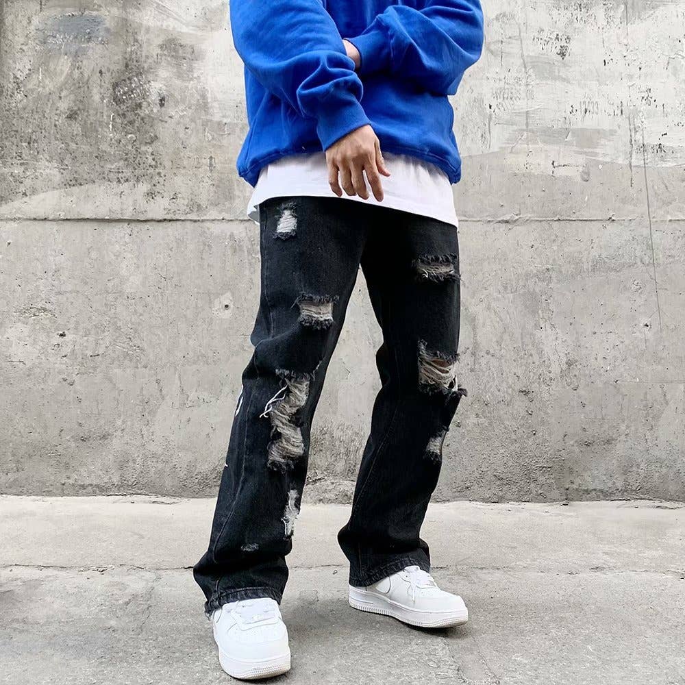 Men's hip-hop ripped jeans with letters embroidered