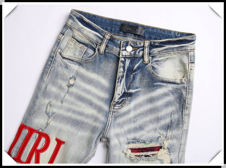 Embroidered ripped jeans men's slim fit skinny jeans