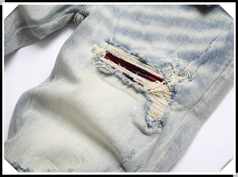 Embroidered ripped jeans men's slim fit skinny jeans