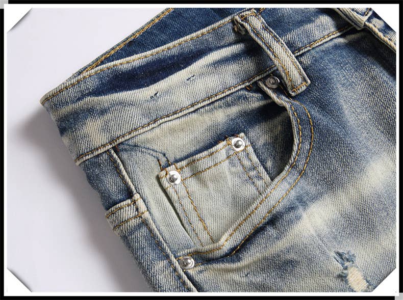 Embroidered ripped jeans men's slim fit skinny jeans