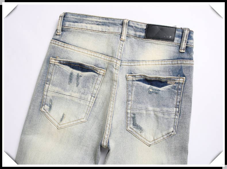 Embroidered ripped jeans men's slim fit skinny jeans