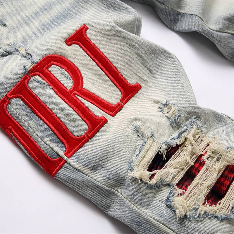 Embroidered ripped jeans men's slim fit skinny jeans