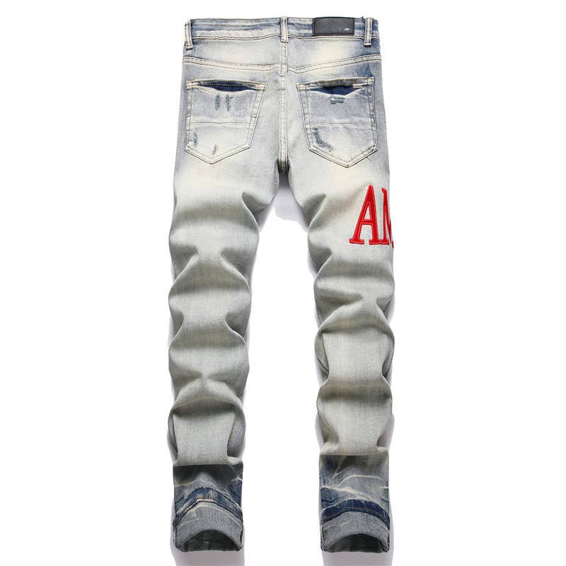 Embroidered ripped jeans men's slim fit skinny jeans
