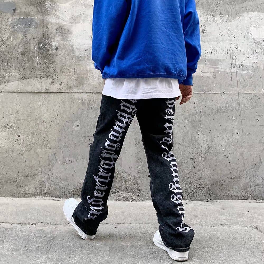 Men's hip-hop ripped jeans with letters embroidered