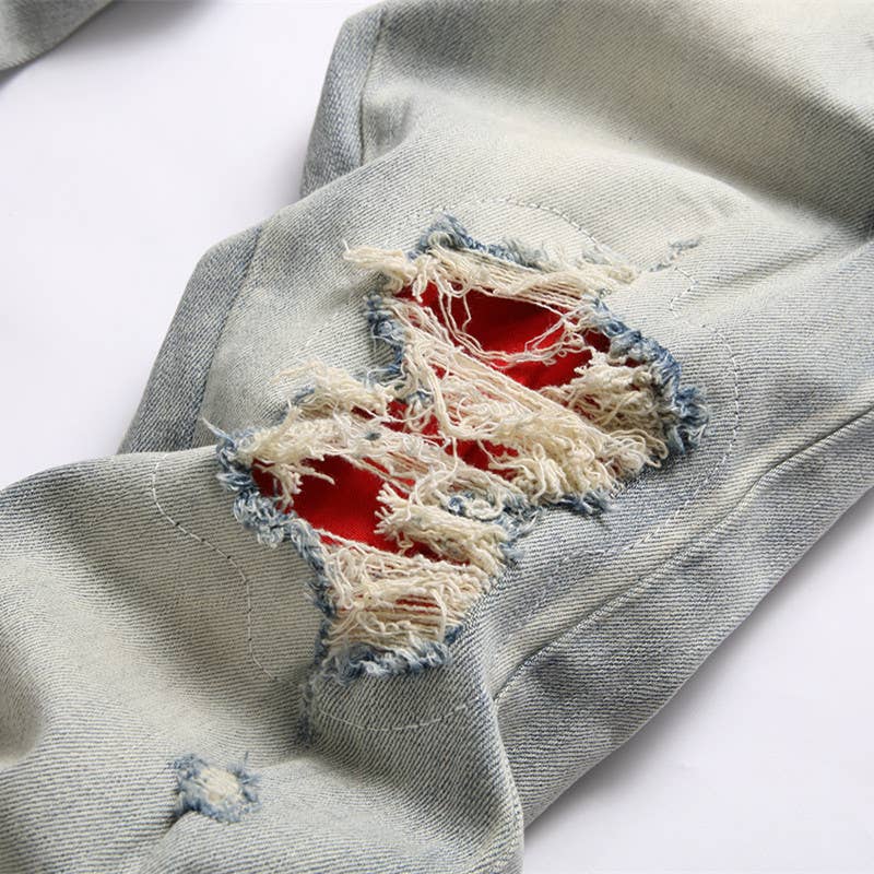 Embroidered ripped jeans men's slim fit skinny jeans