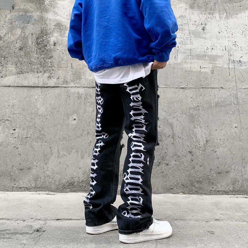 Men's hip-hop ripped jeans with letters embroidered