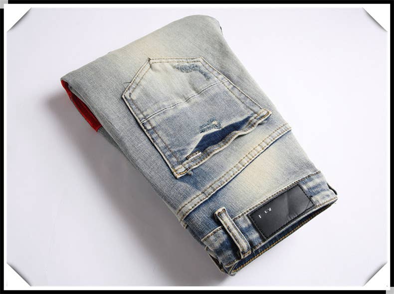 Embroidered ripped jeans men's slim fit skinny jeans