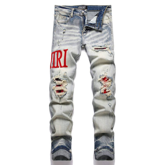 Embroidered ripped jeans men's slim fit skinny jeans