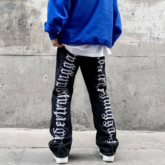Men's hip-hop ripped jeans with letters embroidered